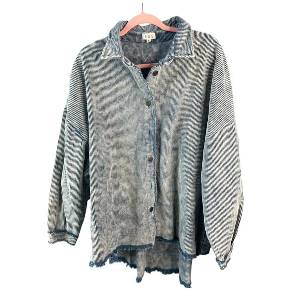 POL blue corduroy shacket jacket button front raw hem oversized small NWOT - Picture 1 of 6